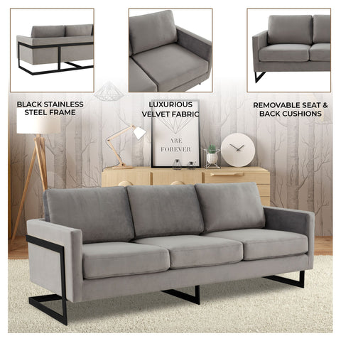 Lincoln 3-Seater Sofa Upholstered in Velvet/Leather with Black/Silver/Gold Steel Base