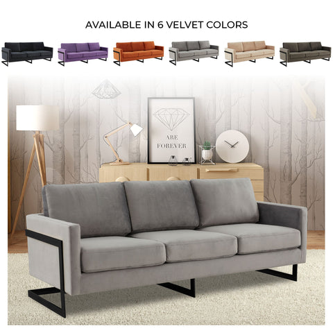 Lincoln 3-Seater Sofa Upholstered in Velvet/Leather with Black/Silver/Gold Steel Base