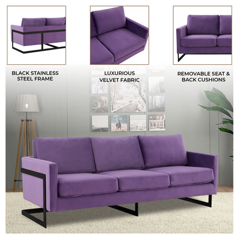 Lincoln 3-Seater Sofa Upholstered in Velvet/Leather with Black/Silver/Gold Steel Base