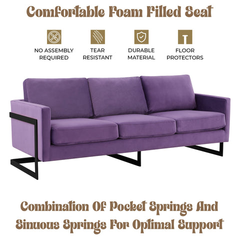Lincoln 3-Seater Sofa Upholstered in Velvet/Leather with Black/Silver/Gold Steel Base