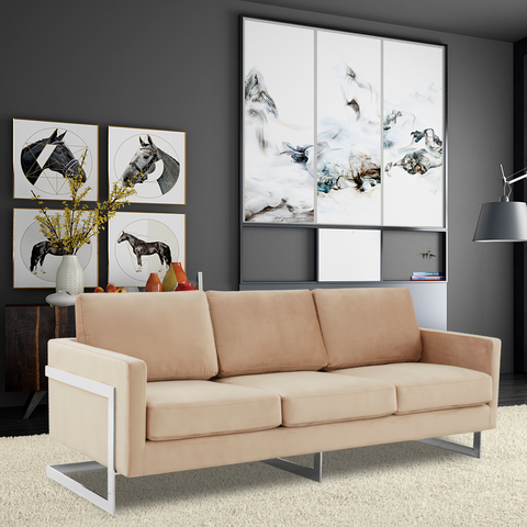 Lincoln 3-Seater Sofa Upholstered in Velvet/Leather with Black/Silver/Gold Steel Base