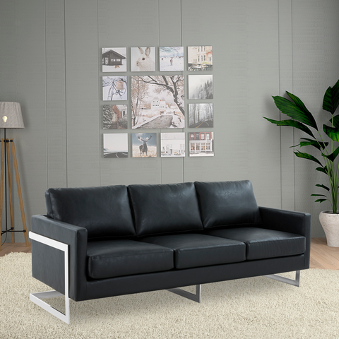 Lincoln 3-Seater Sofa Upholstered in Velvet/Leather with Black/Silver/Gold Steel Base