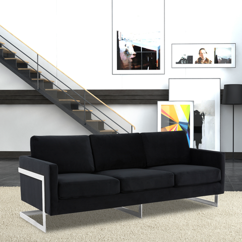 Lincoln 3-Seater Sofa Upholstered in Velvet/Leather with Black/Silver/Gold Steel Base