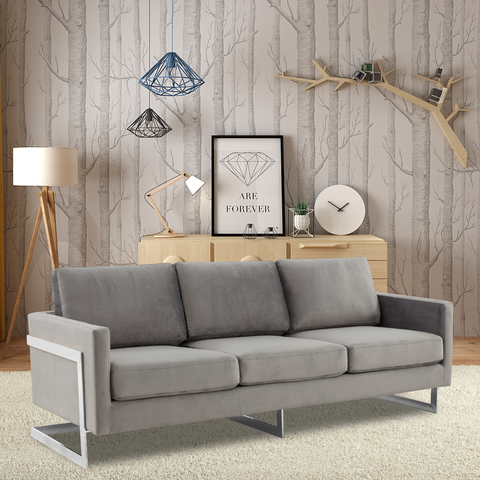 Lincoln 3-Seater Sofa Upholstered in Velvet/Leather with Black/Silver/Gold Steel Base