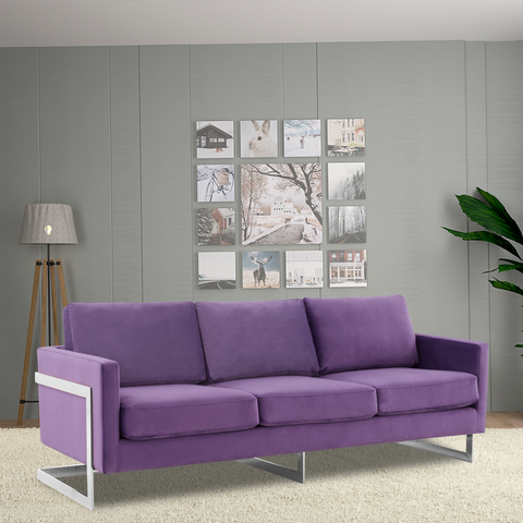 Lincoln 3-Seater Sofa Upholstered in Velvet/Leather with Black/Silver/Gold Steel Base