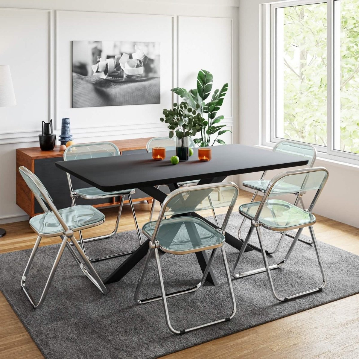Lawrence 7 - Piece Dining Set: Folding Acrylic Chairs & Rectangular Wood Table with Geometric Base