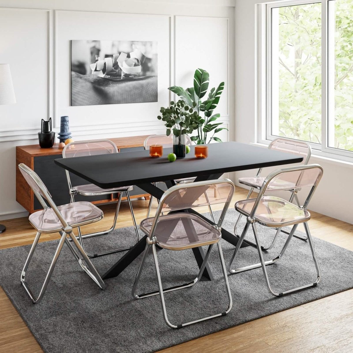 Lawrence 7 - Piece Dining Set: Folding Acrylic Chairs & Rectangular Wood Table with Geometric Base