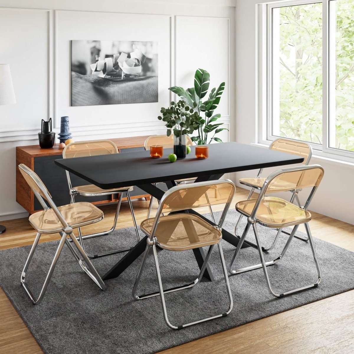Lawrence 7 - Piece Dining Set: Folding Acrylic Chairs & Rectangular Wood Table with Geometric Base