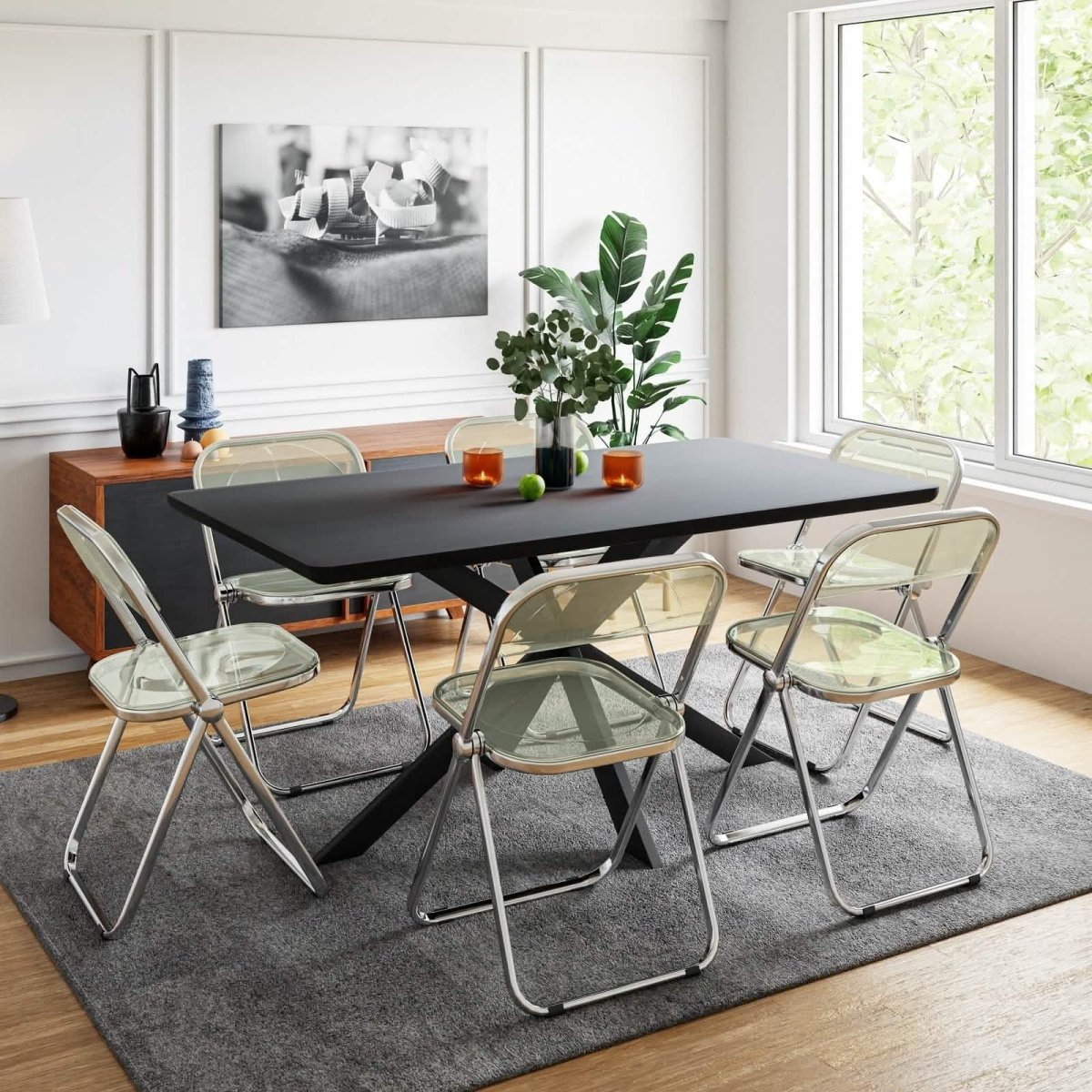 Lawrence 7 - Piece Dining Set: Folding Acrylic Chairs & Rectangular Wood Table with Geometric Base