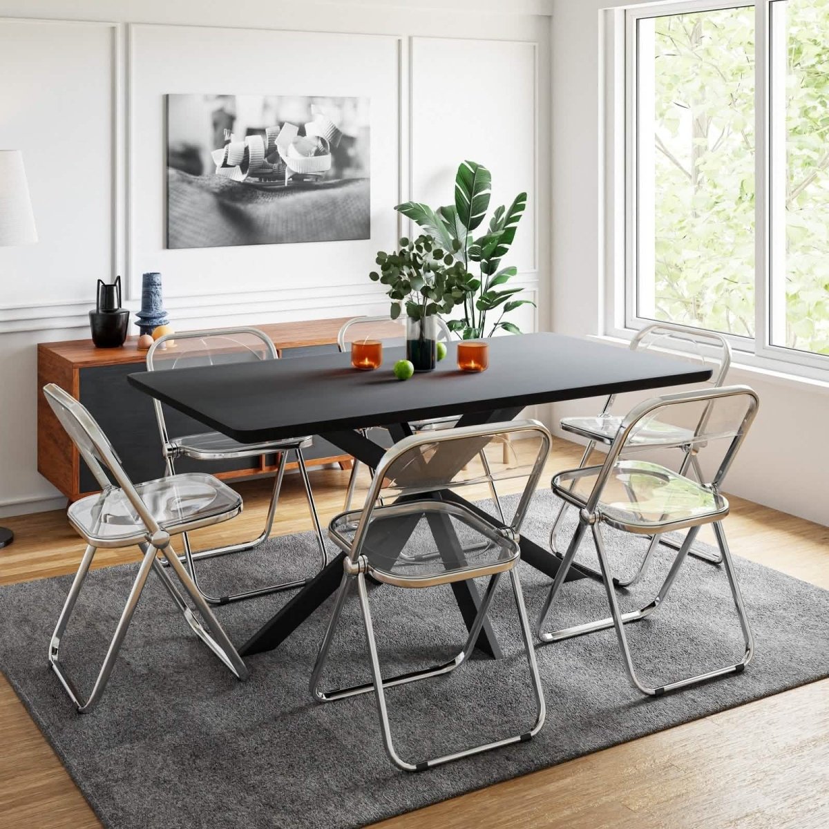 Lawrence 7 - Piece Dining Set: Folding Acrylic Chairs & Rectangular Wood Table with Geometric Base