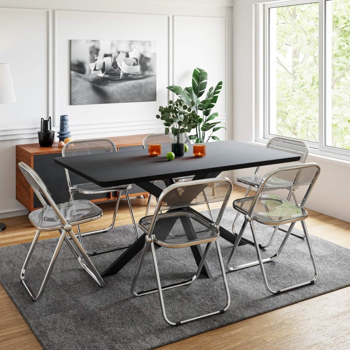 Lawrence 7 - Piece Dining Set: Folding Acrylic Chairs & Rectangular Wood Table with Geometric Base