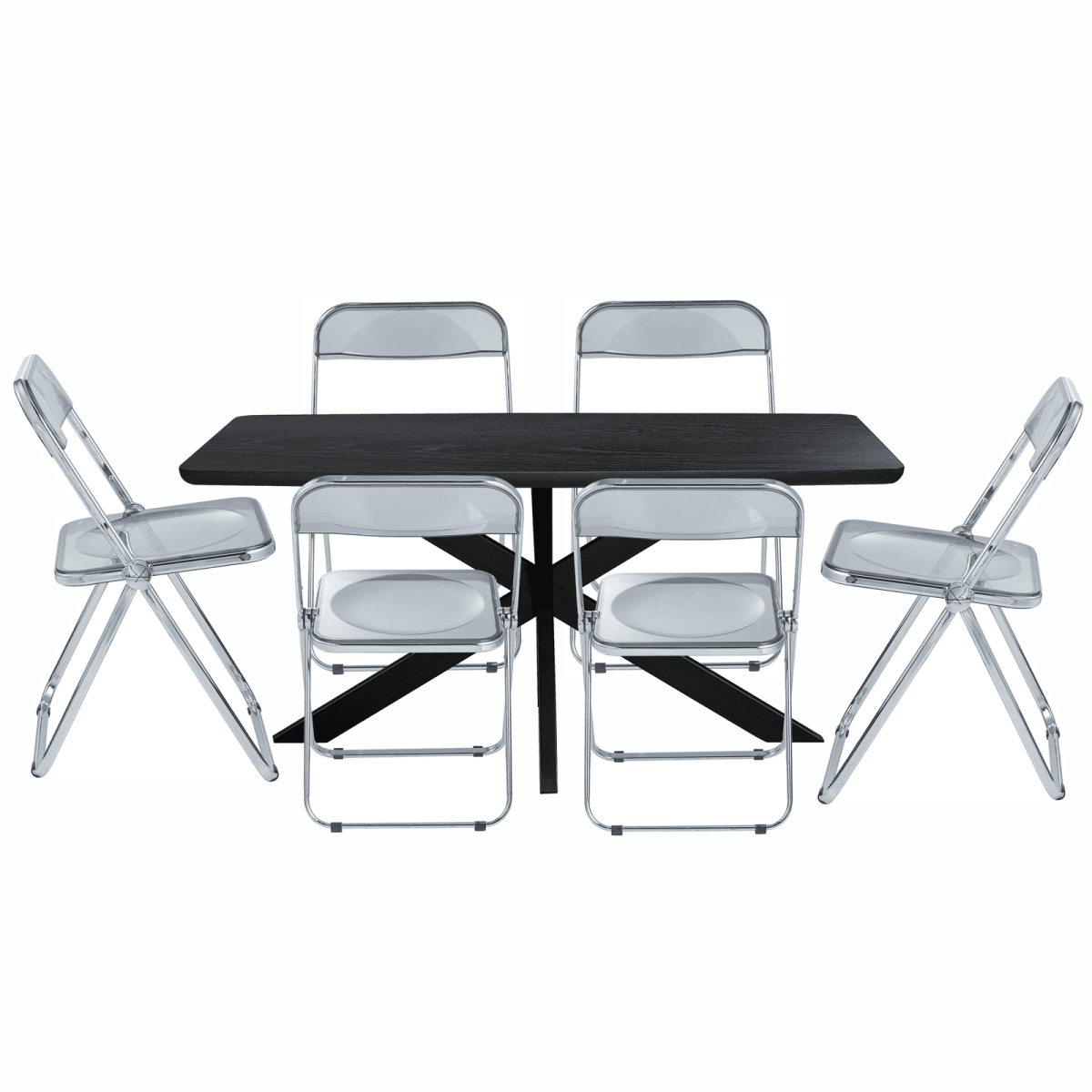 Lawrence 7 - Piece Dining Set: Folding Acrylic Chairs & Rectangular Wood Table with Geometric Base