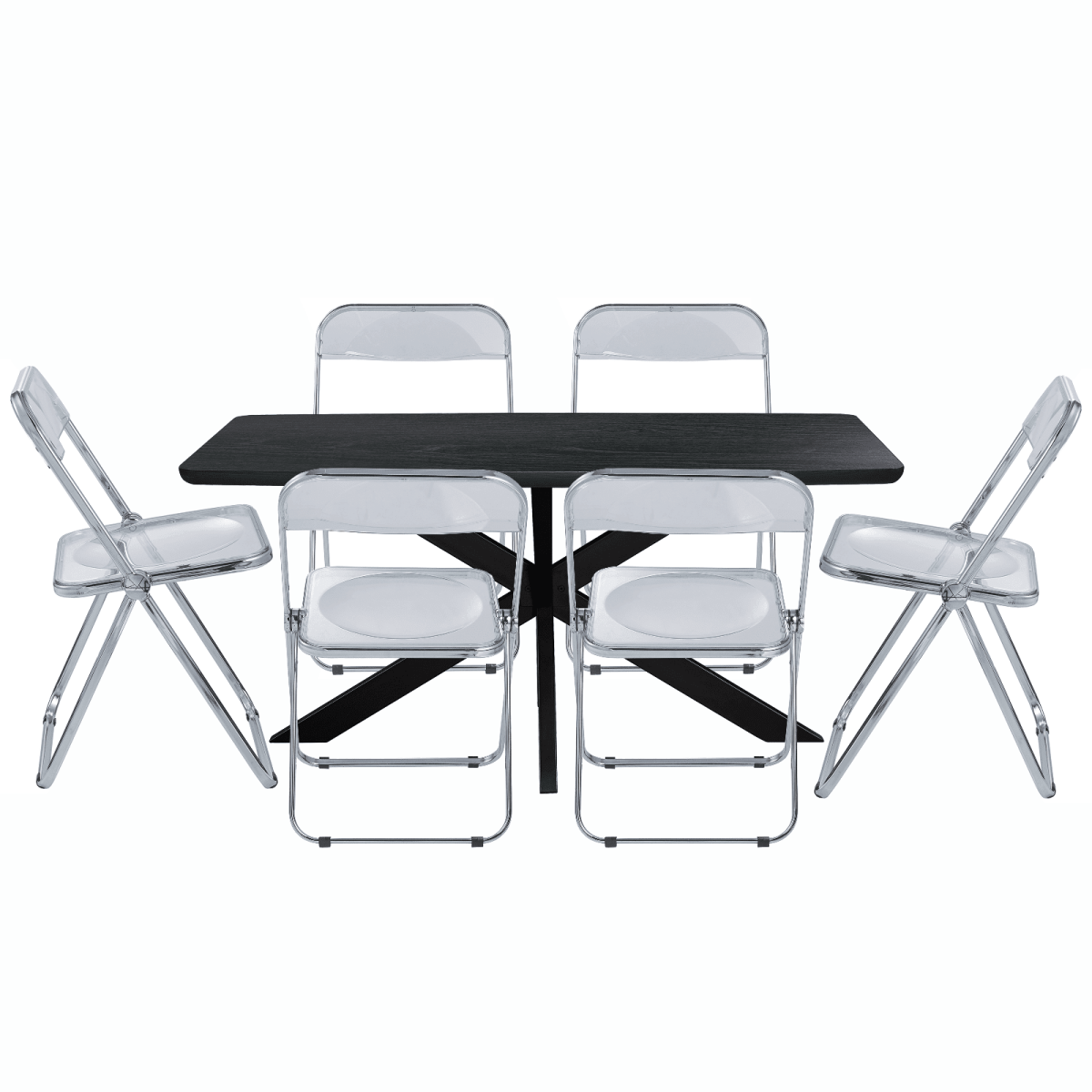 Lawrence 7 - Piece Dining Set: Folding Acrylic Chairs & Rectangular Wood Table with Geometric Base