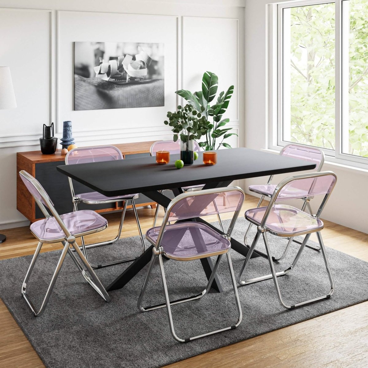 Lawrence 7 - Piece Dining Set: Folding Acrylic Chairs & Rectangular Wood Table with Geometric Base