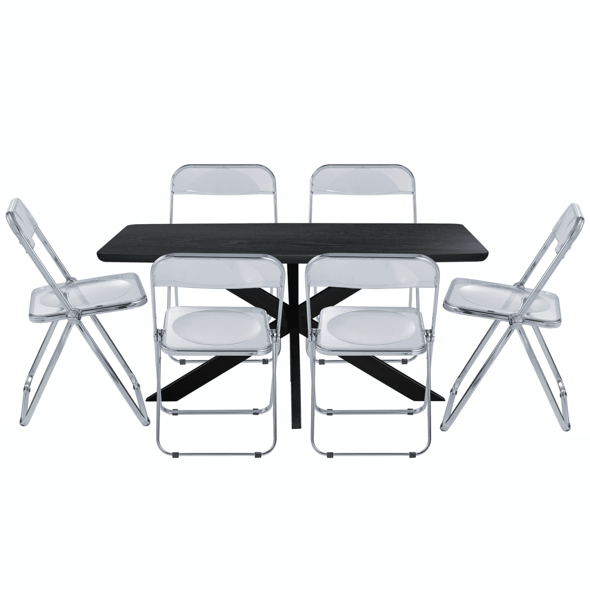 Lawrence 7 - Piece Dining Set: Folding Acrylic Chairs & Rectangular Wood Table with Geometric Base
