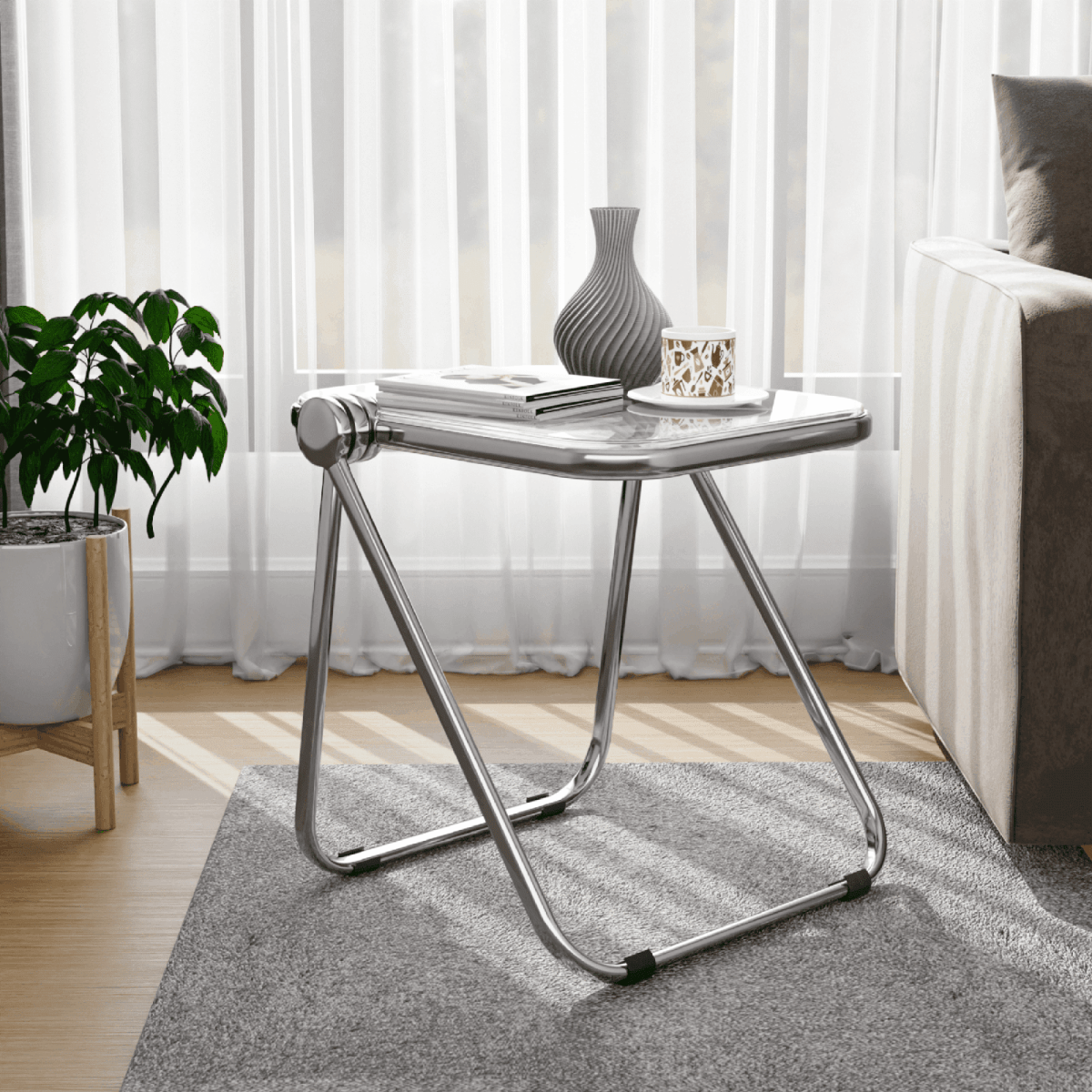 Lawrence Square Folding Side Table with Plastic Tabletop in Chrome Aluminum/Iron Frame
