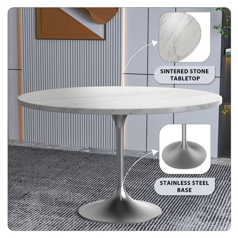 LeisureMod Verve Modern 48" Round Dining Table with Sintered Stone Tabletop in Brushed Chrome Stainless Steel Pedestal Base