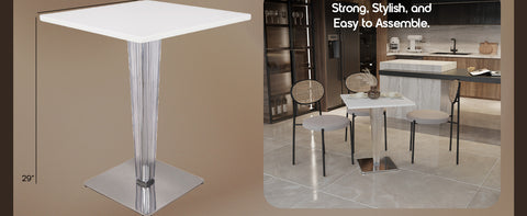 Glen Square Dining Table with a Square MDF Tabletop in Acrylic and Chrome Metal Base
