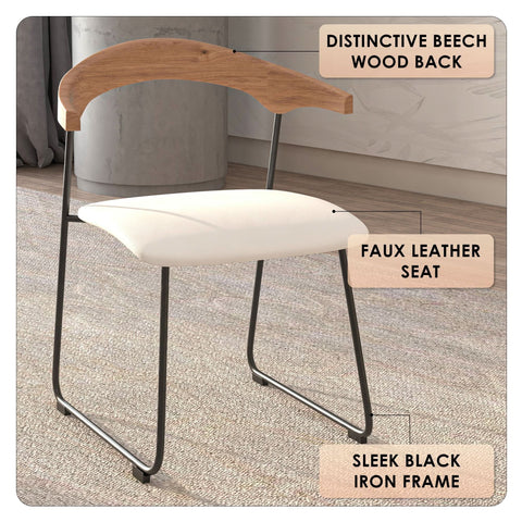 Lyra Leather Dining Chair with a Beech Wood Curved Back and Iron Legs