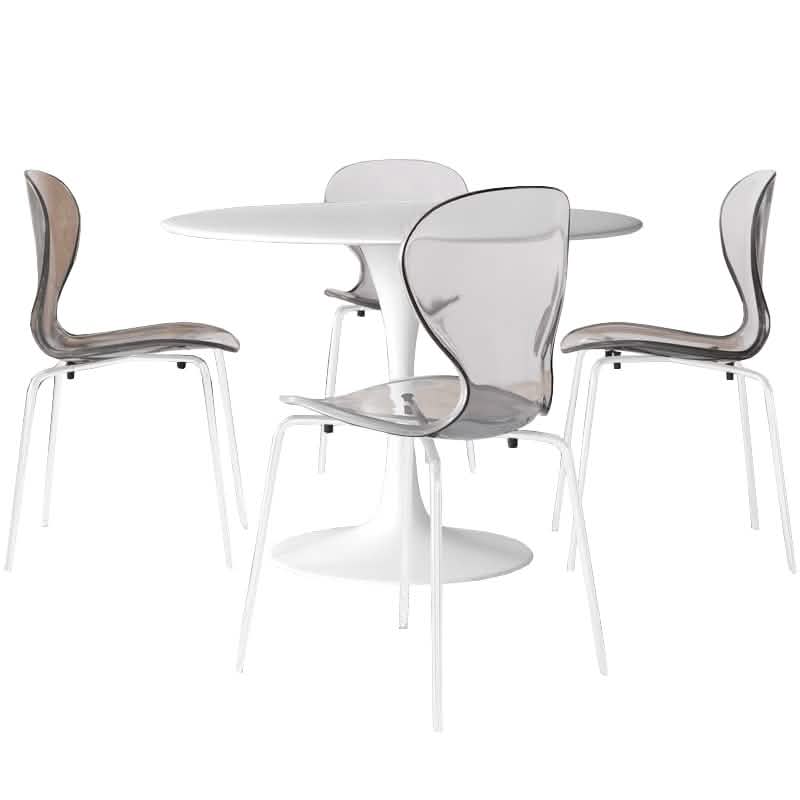 LeisureMod 5 - Piece Dining Set Round White MDF Table and 4 Acrylic Chairs with White Base