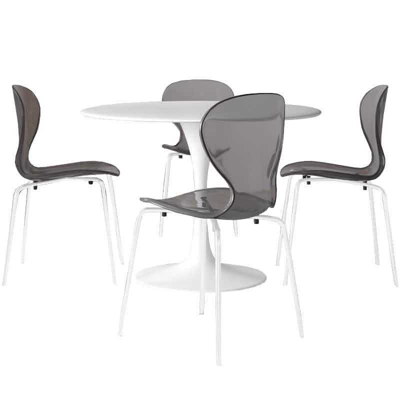 LeisureMod 5 - Piece Dining Set Round White MDF Table and 4 Acrylic Chairs with White Base