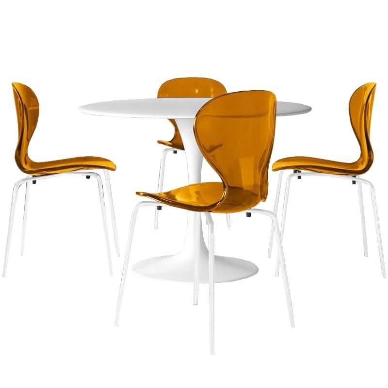 LeisureMod 5 - Piece Dining Set Round White MDF Table and 4 Acrylic Chairs with White Base