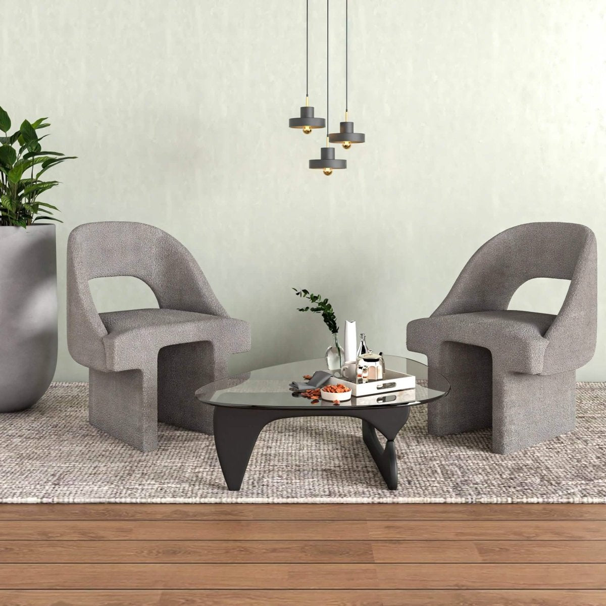 Quell Boucle Accent Chair Curved Open Back Design and Manufactured Wood Frame Grey Accent Chair Leisuremod