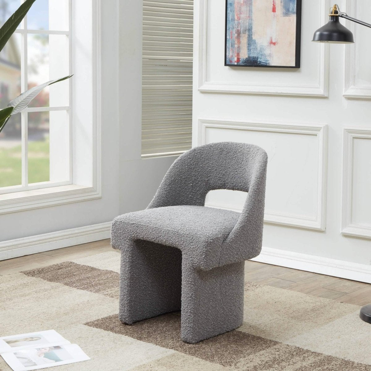 Quell Boucle Accent Chair Curved Open Back Design and Manufactured Wood Frame Grey Accent Chair Leisuremod