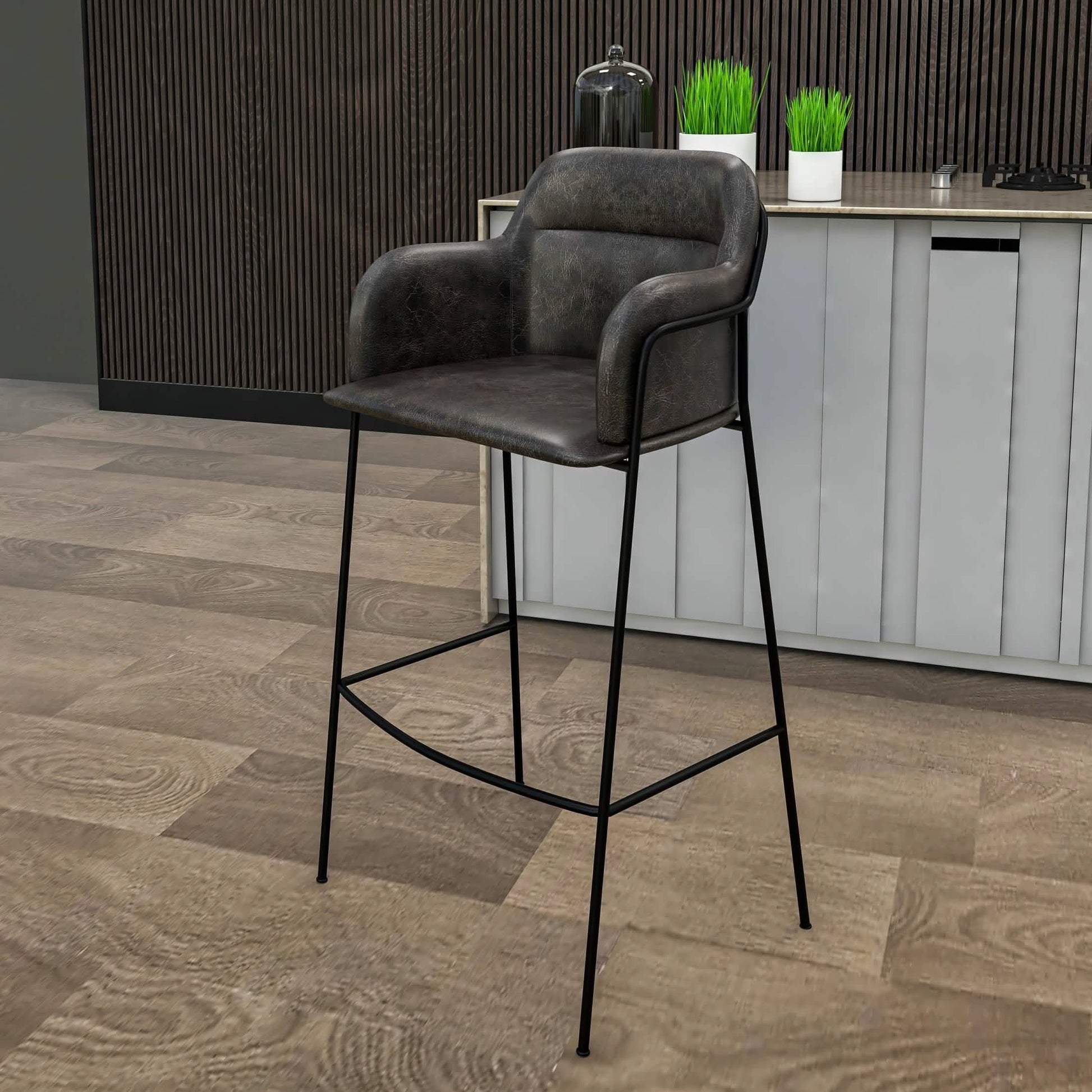 Axis 40" Bar Stool with Ergonomic Design, Powder-Coated Base, and Footrest in Black/Gold Velvet Black Black Bar Stools Leisuremod