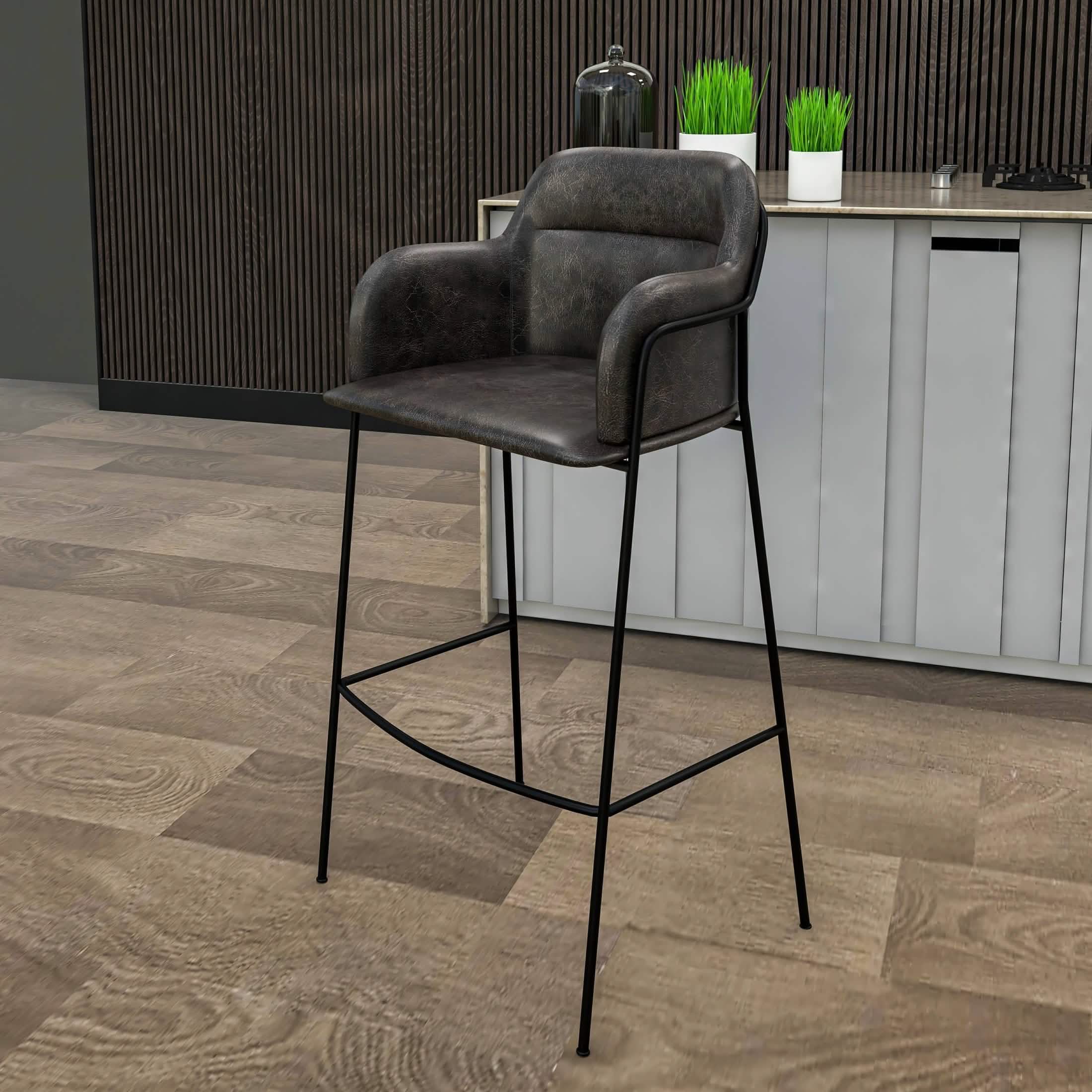 Axis 40" Bar Stool with Ergonomic Design, Powder-Coated Base, and Footrest in Black/Gold Velvet Black Black Bar Stools Leisuremod