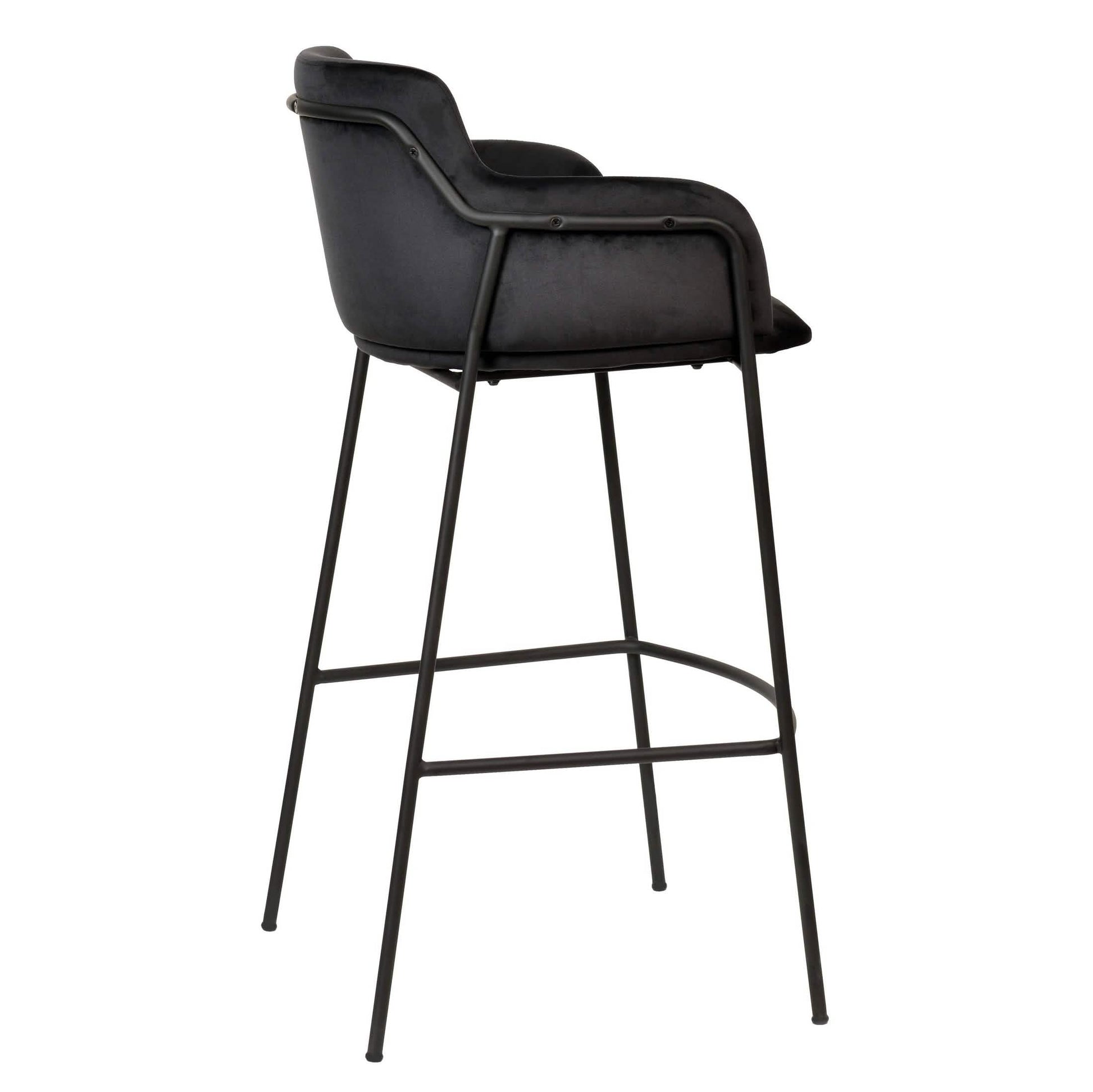 Axis 40" Bar Stool with Ergonomic Design, Powder-Coated Base, and Footrest in Black/Gold Velvet Black Black Bar Stools Leisuremod