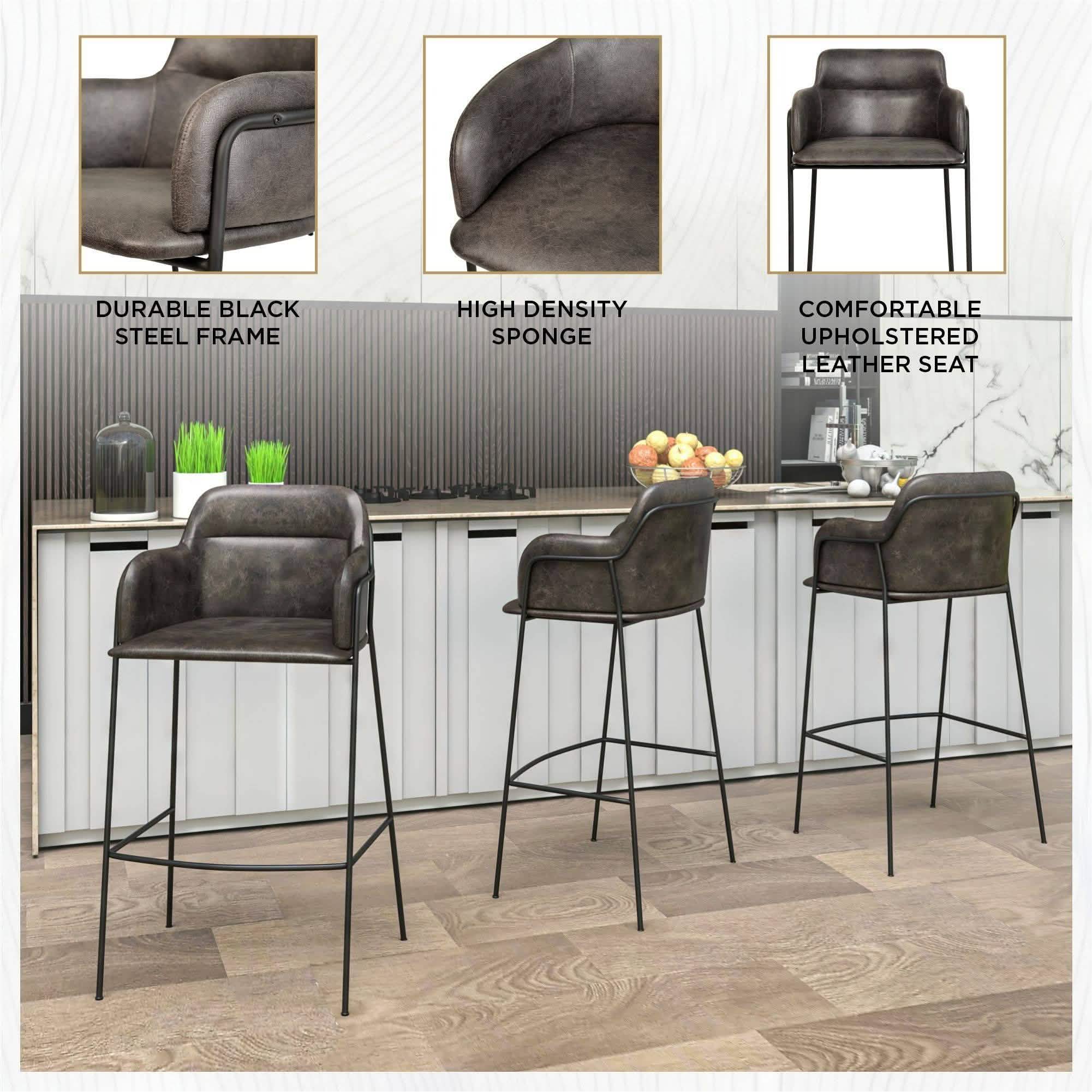 Axis 40" Bar Stool with Ergonomic Design, Powder-Coated Base, and Footrest in Black/Gold Velvet Black Black Bar Stools Leisuremod