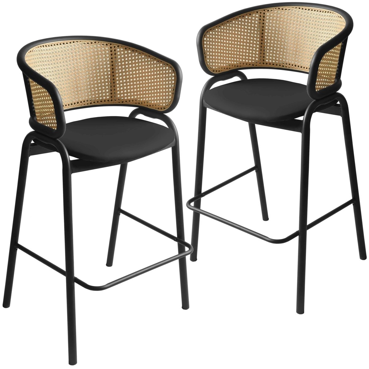 Ervilla Leather Bar Stool with Powder-Coated Stainless Steel Base and Curved Wicker Back Design Black Black Bar Stools Leisuremod