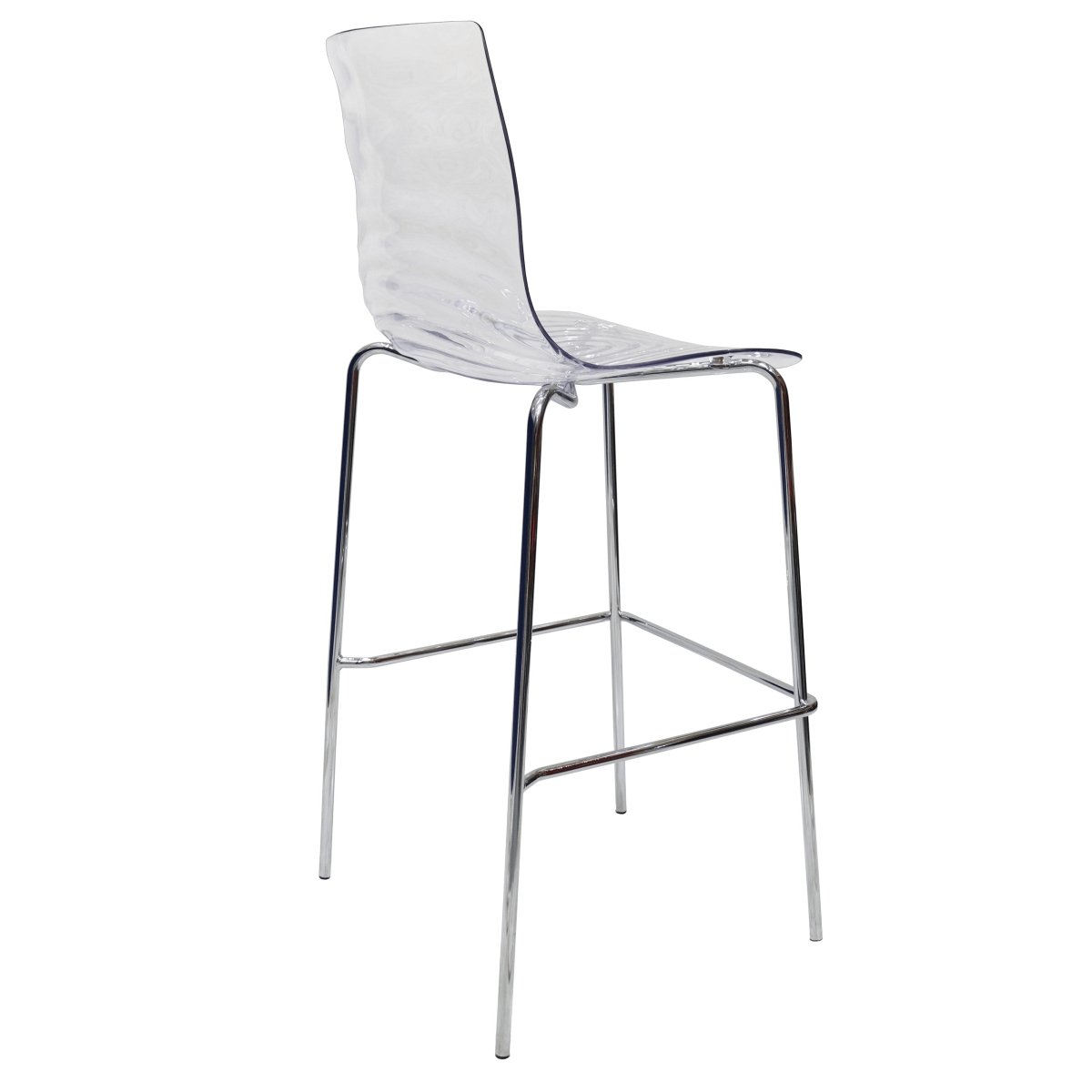 LeisureMod Bar Stools Clear Astor Plastic Bar Stool – Chrome Steel Base with Ripple Swirl Seat Design and Footrest