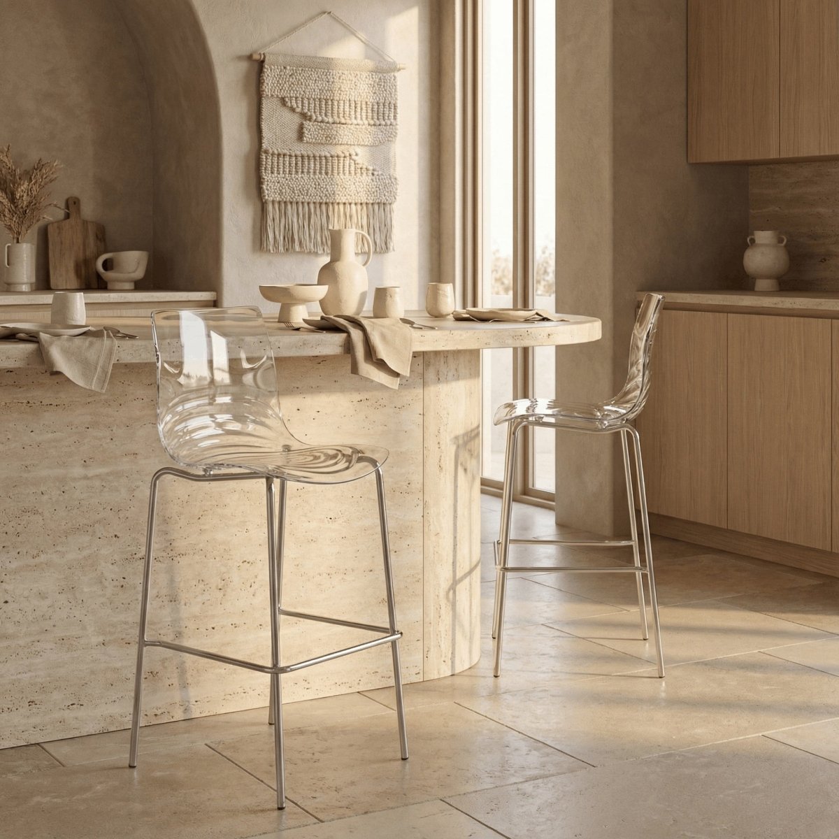 LeisureMod Bar Stools Clear Astor Plastic Bar Stool – Chrome Steel Base with Ripple Swirl Seat Design and Footrest