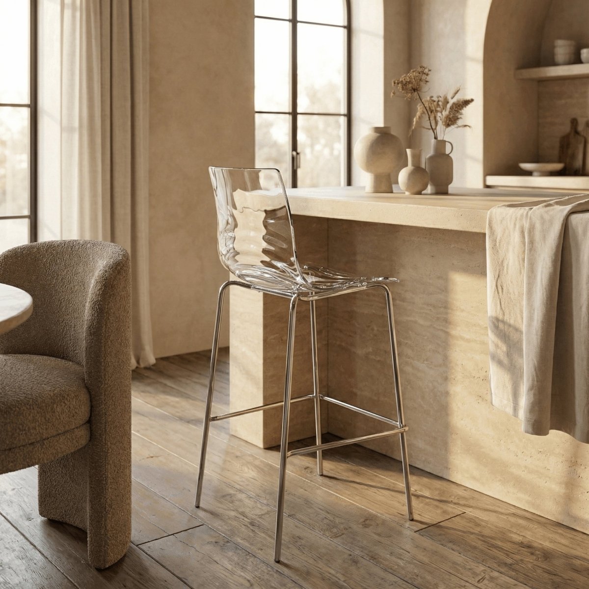 LeisureMod Bar Stools Clear Astor Plastic Bar Stool – Chrome Steel Base with Ripple Swirl Seat Design and Footrest