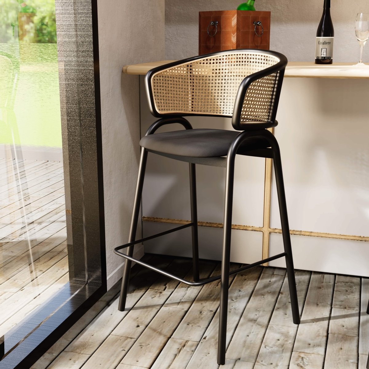 Ervilla Leather Bar Stool with Powder-Coated Stainless Steel Base and Curved Wicker Back Design Black Black Bar Stools Leisuremod