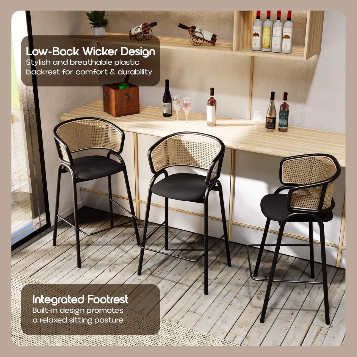 Ervilla Leather Bar Stool with Powder-Coated Stainless Steel Base and Curved Wicker Back Design Black Black Bar Stools Leisuremod