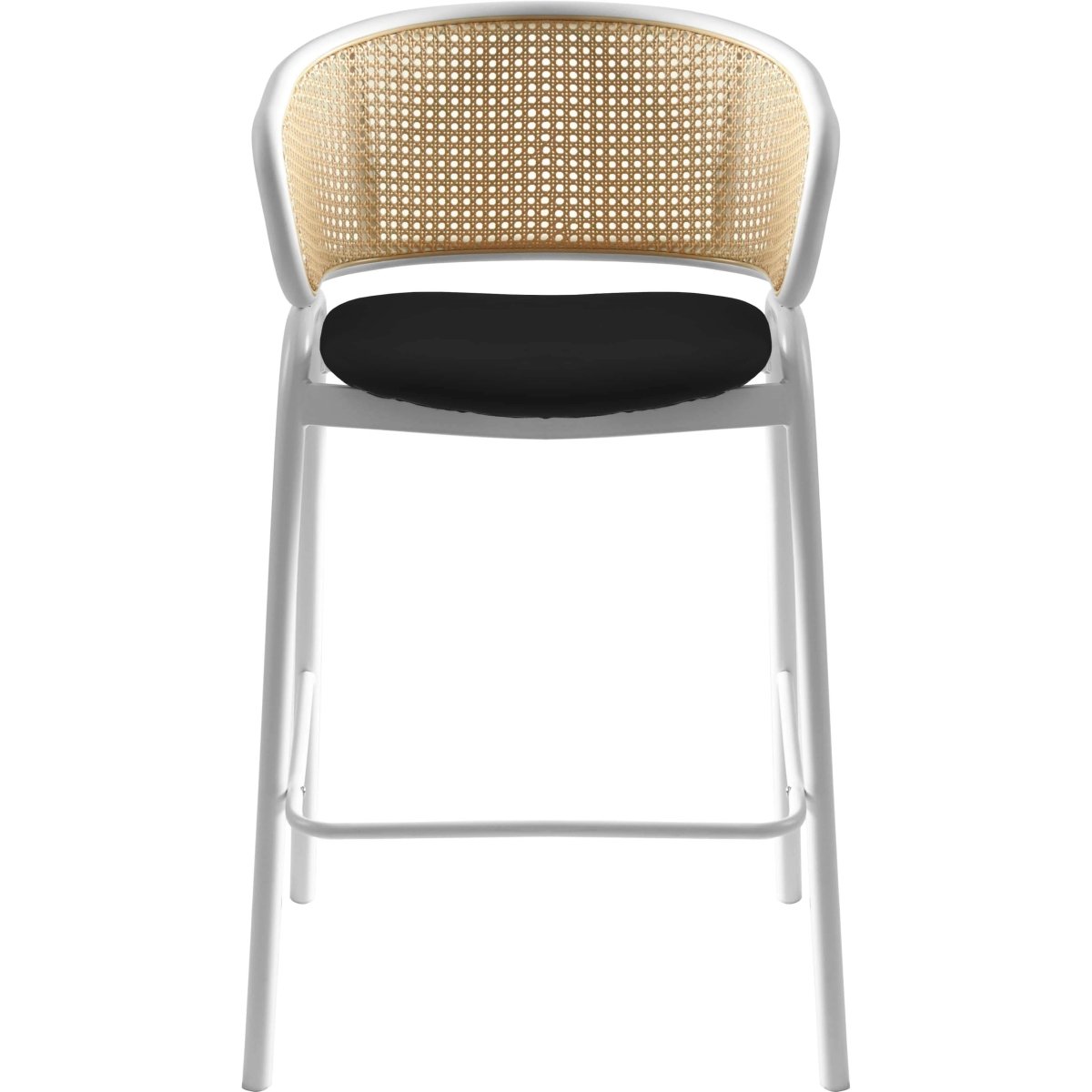 Ervilla Leather Bar Stool with Powder-Coated Stainless Steel Base and Curved Wicker Back Design Taupe Black Bar Stools Leisuremod
