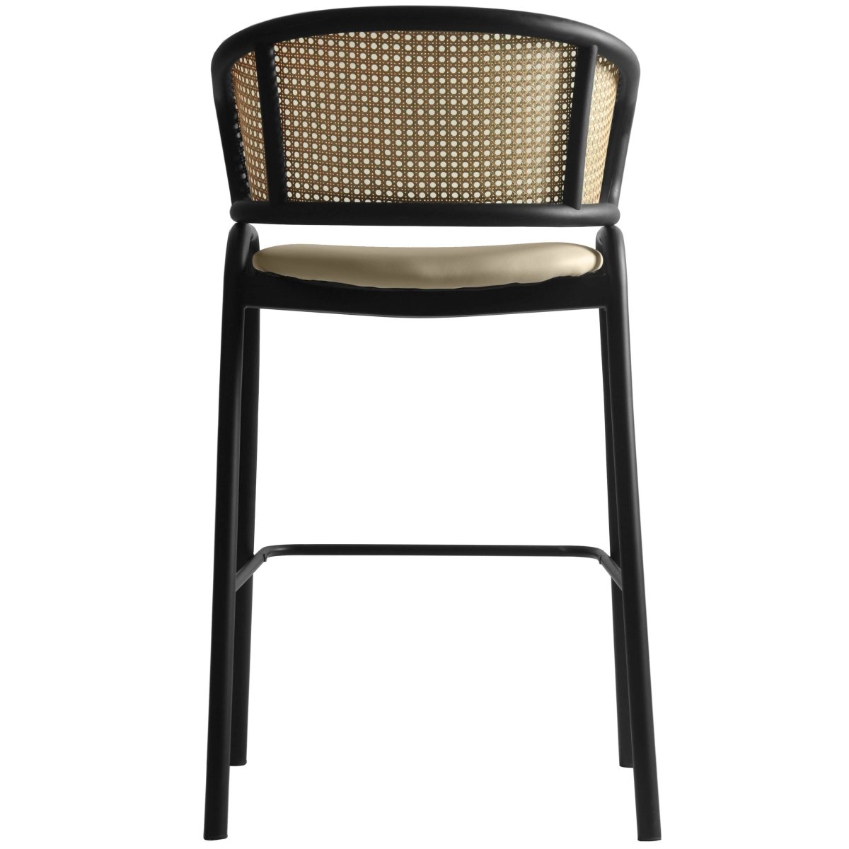 Ervilla Leather Bar Stool with Powder-Coated Stainless Steel Base and Curved Wicker Back Design Grey Black Bar Stools Leisuremod