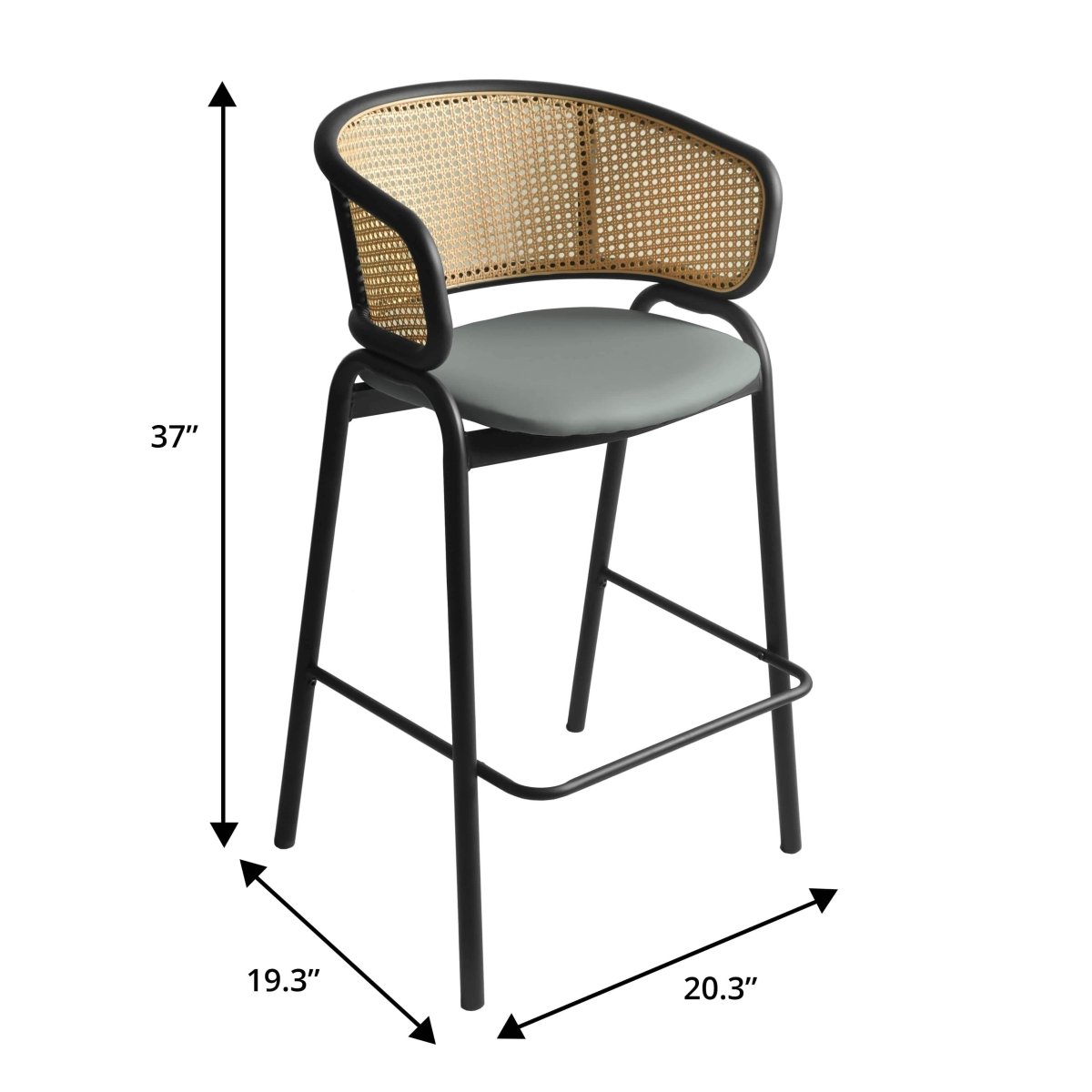Ervilla Leather Bar Stool with Powder-Coated Stainless Steel Base and Curved Wicker Back Design Grey Black Bar Stools Leisuremod