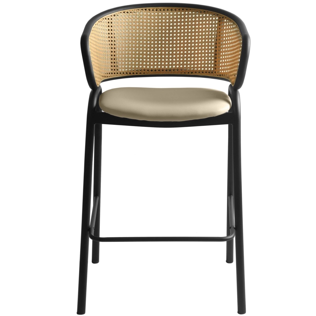 Ervilla Leather Bar Stool with Powder-Coated Stainless Steel Base and Curved Wicker Back Design Grey Black Bar Stools Leisuremod