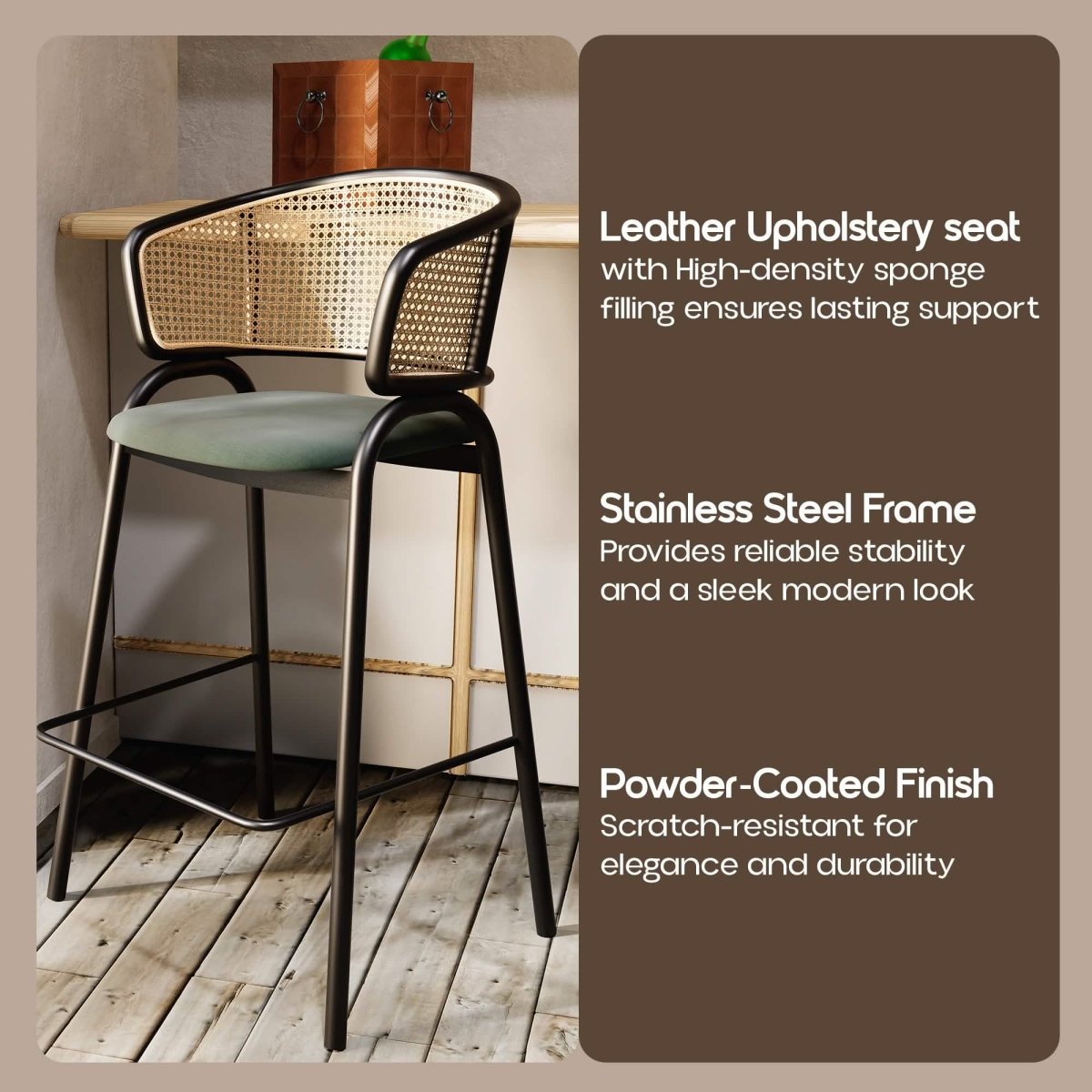Ervilla Leather Bar Stool with Powder-Coated Stainless Steel Base and Curved Wicker Back Design Beige Black Bar Stools Leisuremod