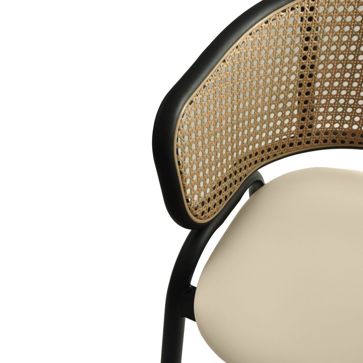 Ervilla Leather Bar Stool with Powder-Coated Stainless Steel Base and Curved Wicker Back Design Beige Black Bar Stools Leisuremod
