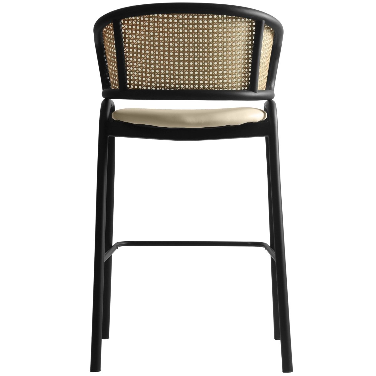 Ervilla Leather Bar Stool with Powder-Coated Stainless Steel Base and Curved Wicker Back Design Black Black Bar Stools Leisuremod