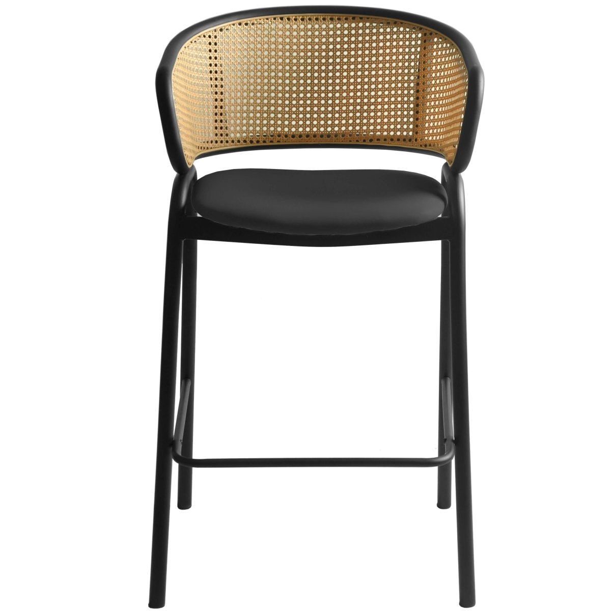 Ervilla Leather Bar Stool with Powder-Coated Stainless Steel Base and Curved Wicker Back Design Black Black Bar Stools Leisuremod