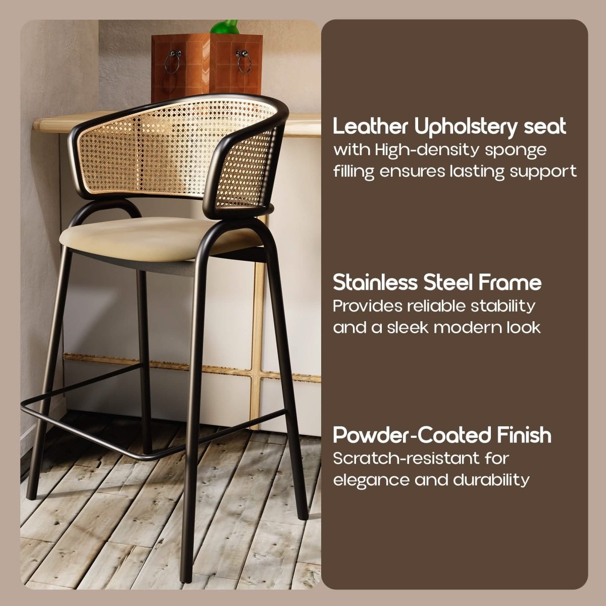 Ervilla Leather Bar Stool with Powder-Coated Stainless Steel Base and Curved Wicker Back Design Black Black Bar Stools Leisuremod