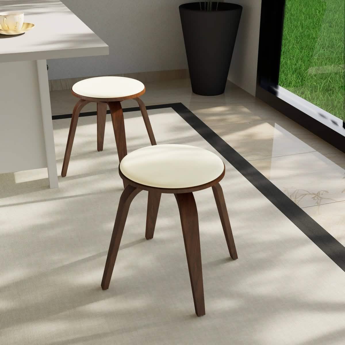 Pelya Mordern Wooden Dining Stool With Walnut Color Frame Walnut Light Cream Bar Stools Leisuremod