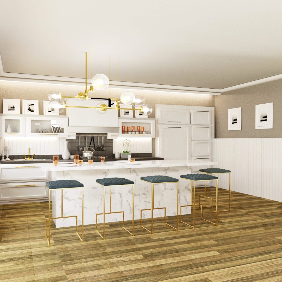 Quincy Quilted Stitched Leather Bar Stools With Gold/Black Metal Frame Gold Peacock Blue Bar Stools Leisuremod