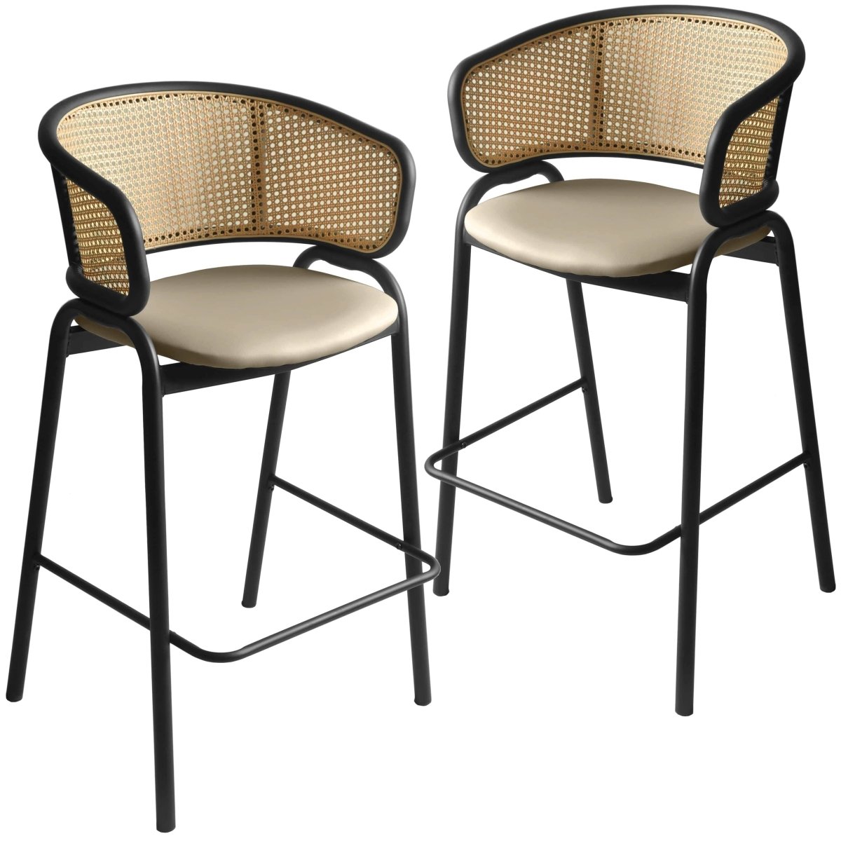 Ervilla Leather Bar Stool with Powder-Coated Stainless Steel Base and Curved Wicker Back Design Taupe Black Bar Stools Leisuremod